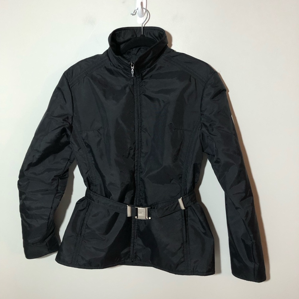 Vintage Ralph Lauren womens black belted ski jacket blue back panels high neck L